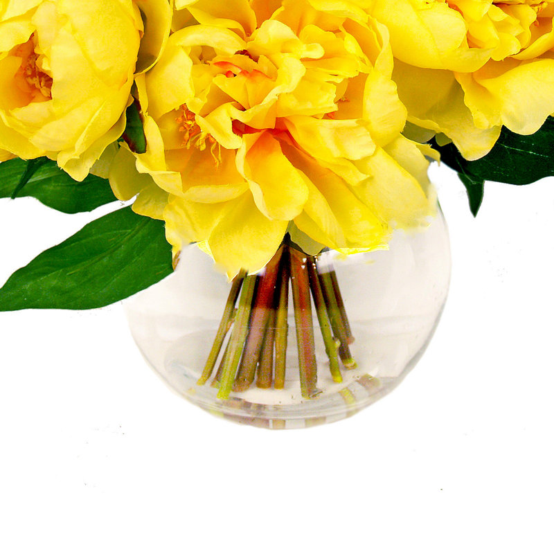 Yellow Peonies In Round Glass Vase With Acrylic Water