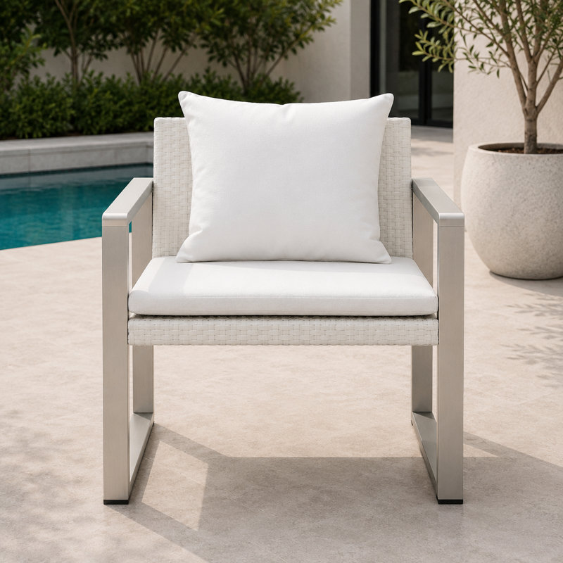 Chester 28'' Wide Aluminum Outdoor Sofa with Cushion – Modern Patio Seating with Rust-Free Frame, Poly-Resin Arms & All-Weather Rattan Seat and Back, in White Rattan and White Cushions
