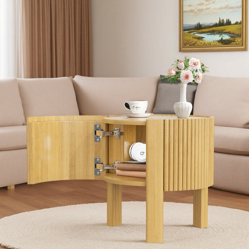 Table d'appoint ronde cannelée avec rangement et porte à fermeture en douceur