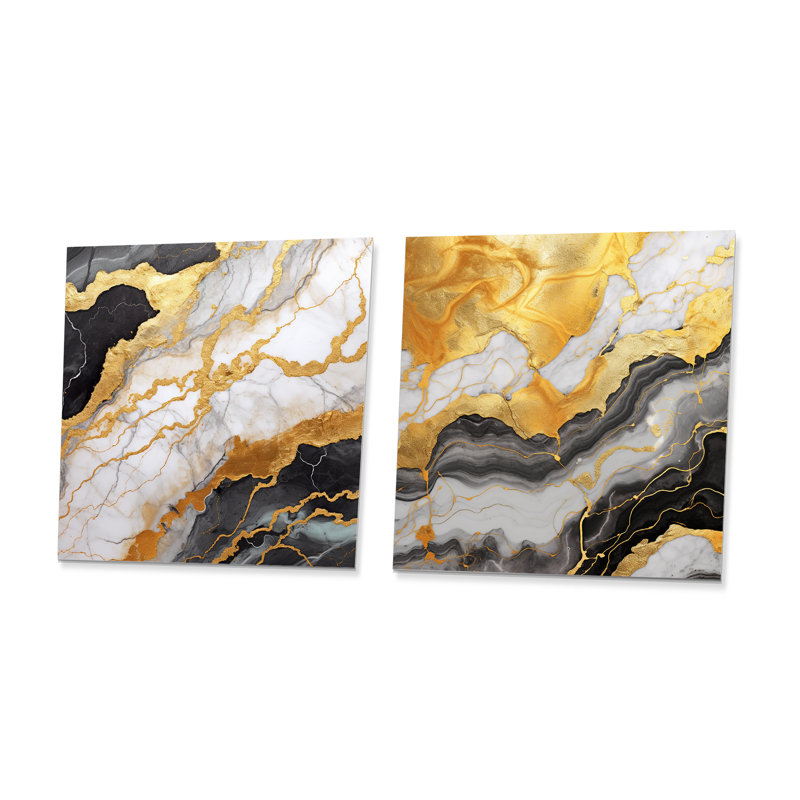 Mirage de marbre abstrait doré et gris I - ensemble de 2 reproductions d'art en métal sur marbre abstrait, H 36 po x l 72 po