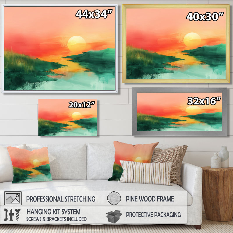 Vert, rouge, magique, coucher de soleil, dunes II - désert, art mural, salon, H 12 po x l 20 po x P 1 po, Encadrement argenté