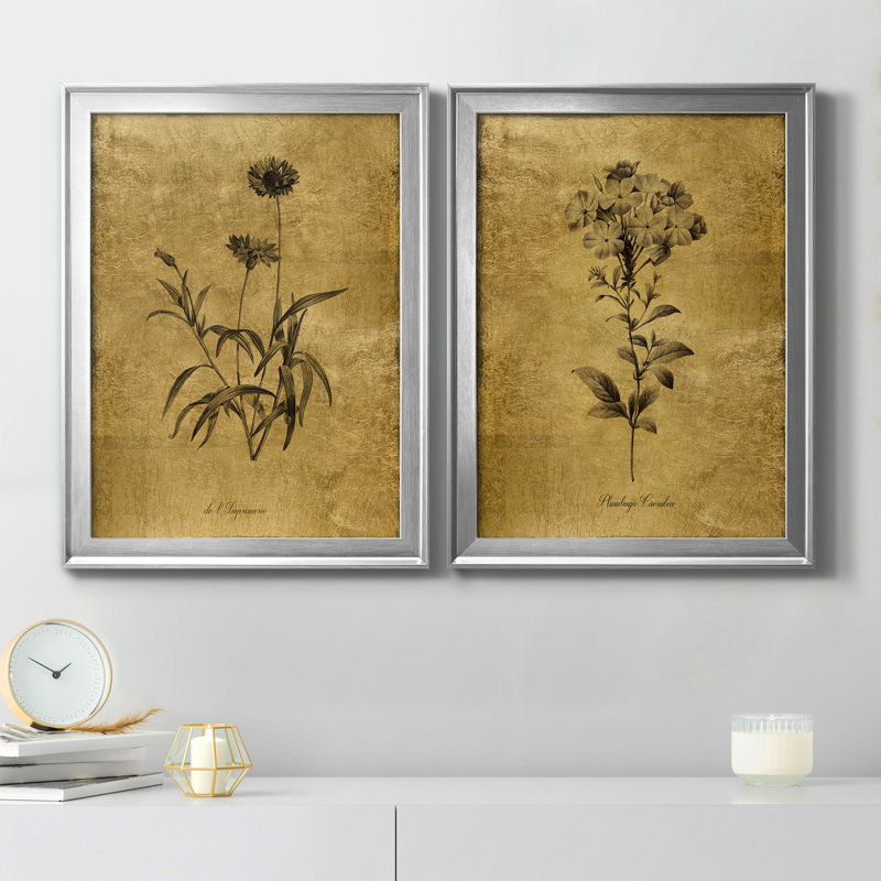 Gold Botanical Sketch Print on Canvas with Silver Frame