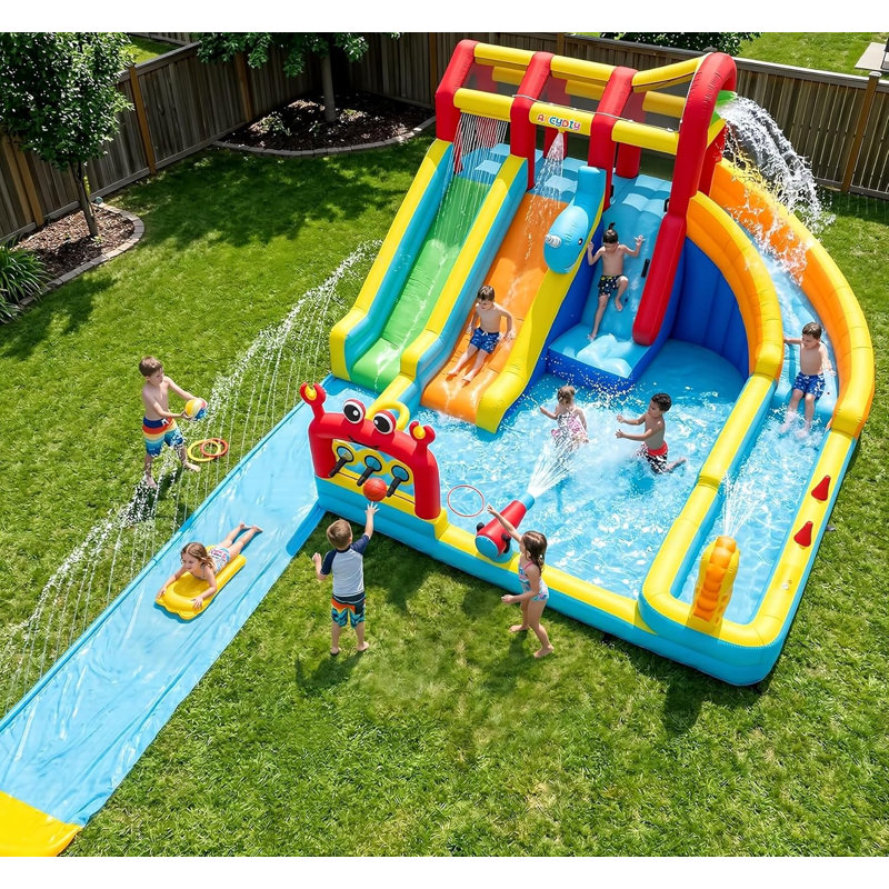 Parc aquatique gonflable triple Ocean Splash de 25,6 pi avec glissade d'eau en PVC amovible de 16,3 pi avec planches de jeu, seau à déversement, anneau de crabe et station de lancer, piscine profonde pour les enfants