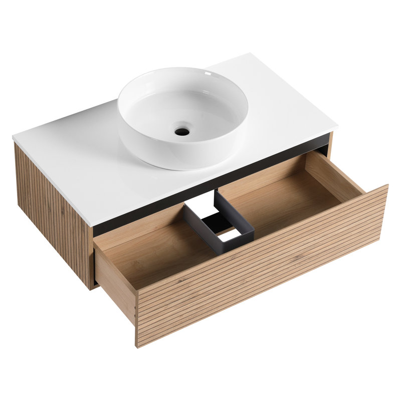 Meuble-lavabo en céramique blanche, 91 cm (36 po), 1 tiroir à fermeture douce, design suspendu, style distinctif, idéal pour les salles de bains modernes, grand espace de rangement inférieur, rayures estivales, contemporain