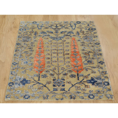 Tapis décoratif noué à la main beige de conception unique 2 pi 1 po x 3 pi Atari