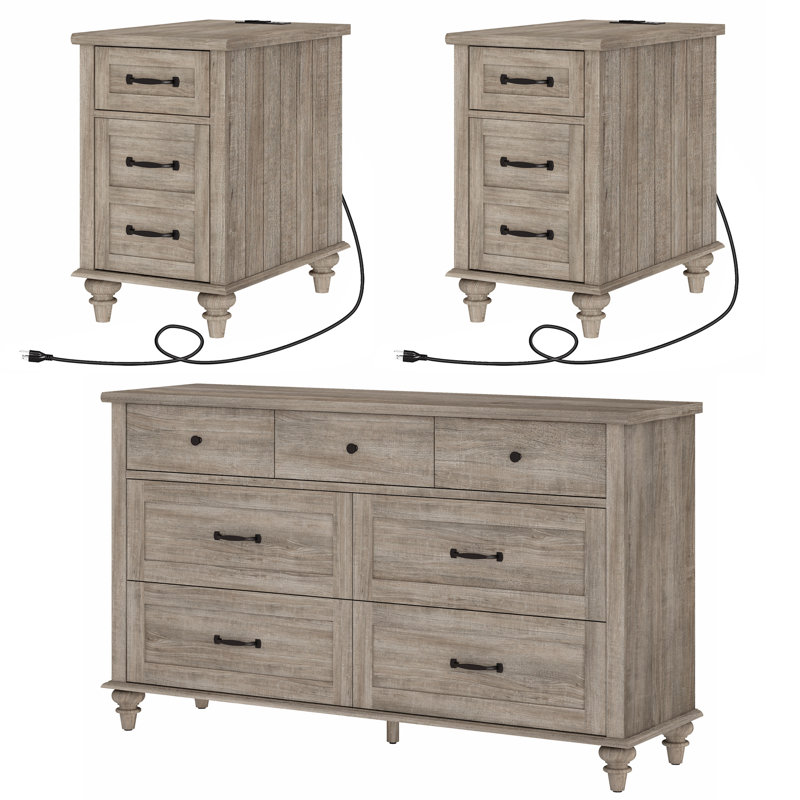 Scarlett 3 Piece Bedroom Set - Includes Mid Century 7 Drawer Dresser, Set Of 2 Side Tables With Charging Station & Storage Cabinet, 3 Piece Dresser And Nightstand Sets