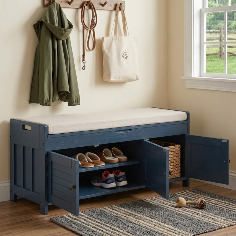 Banc de rangement Marrion de style contemporain avec tablettes et coussins réglables, pieds en bois pour les chambres et les vestibules