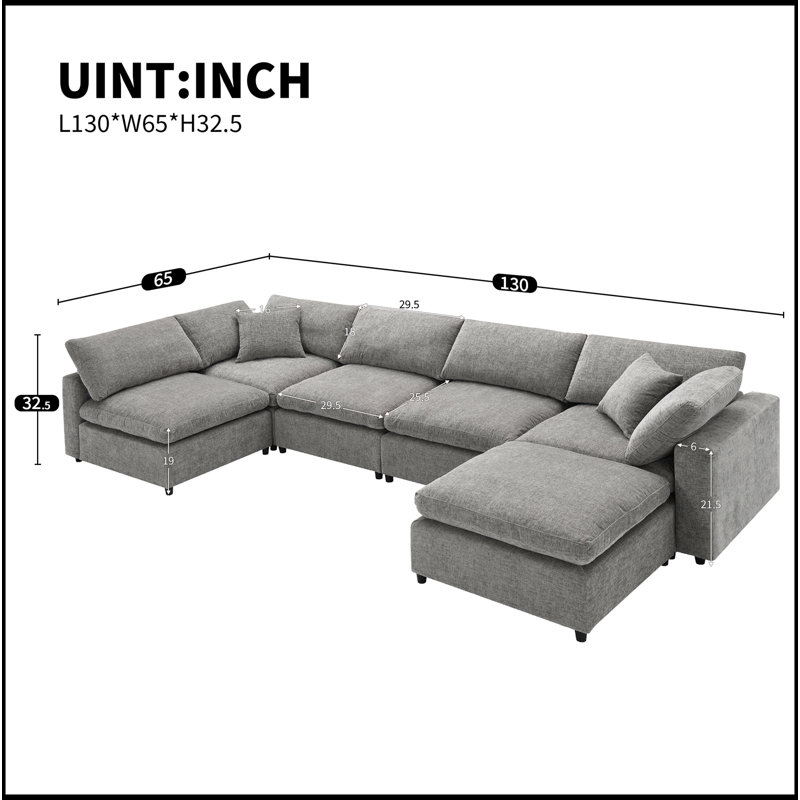 Canapé-lit modulaire en nuage 130 po x 65 po, ensemble de canapé modulaire en chenille 6 places avec repose-pieds, combinaison libre, canapé-lit convertible en U pour salon, appartement