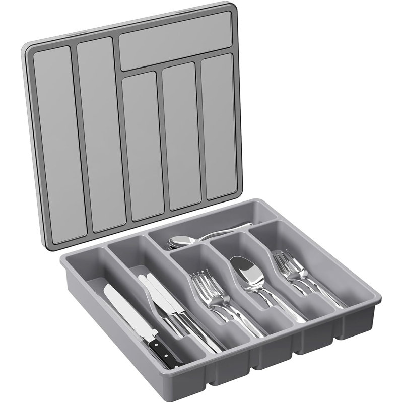 Rangement à ustensiles avec couvercle, plateau à ustensiles couvert pour tiroir de cuisine et comptoir, boîte de rangement pour couverts et couverts en plastique pour cuillères, fourchettes, 6 compartiments, blanc
