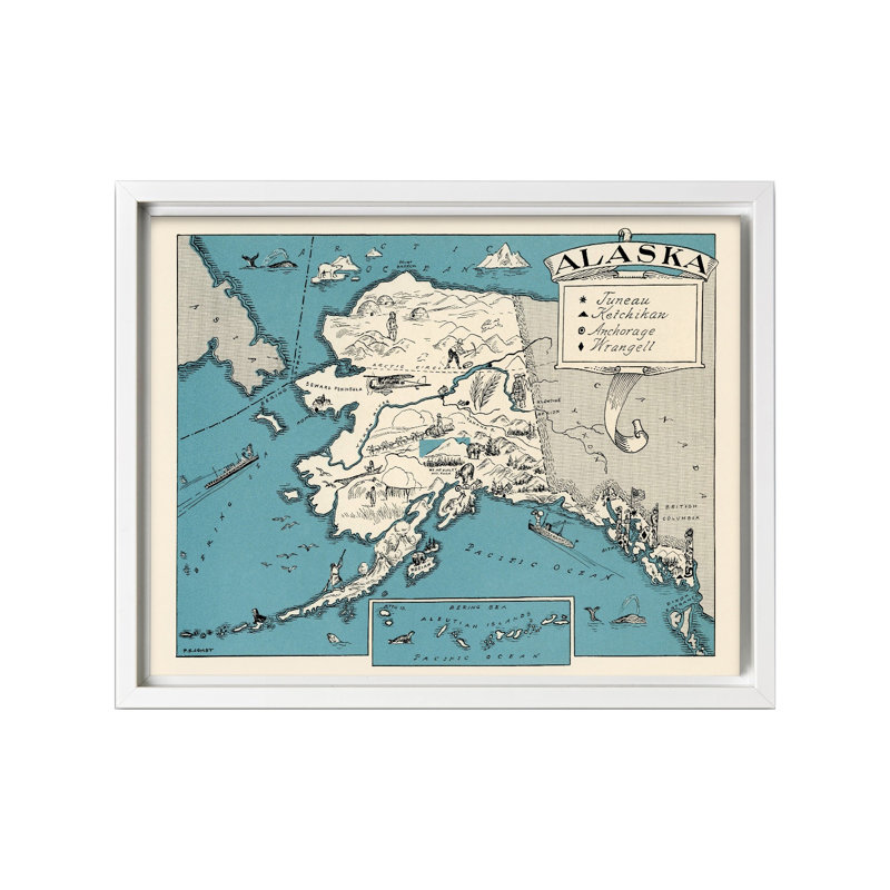 Carte illustrée de l'Alaska, H 18 po x l 24 po, Canevas, Encadrement blanc