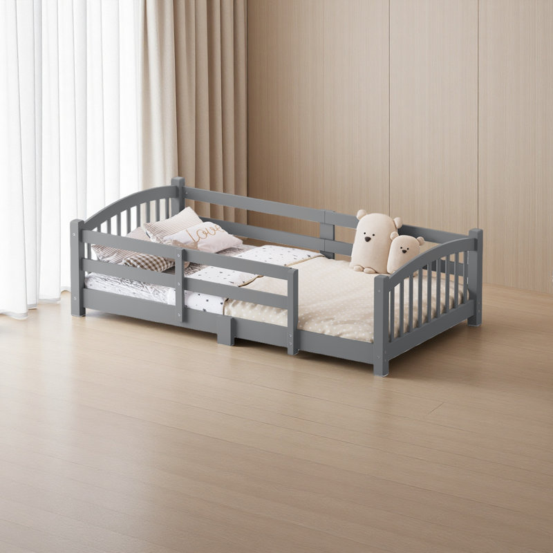 Solid Wood Floor Bed With Fence And Without Door, Gray, Twin