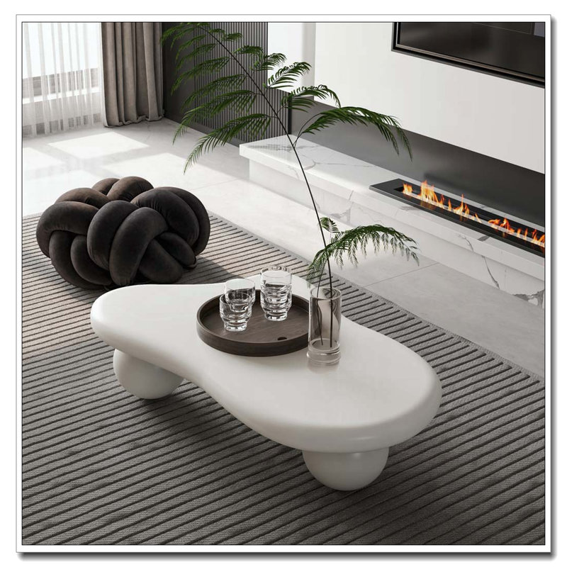 Table basse de 40 pouces en forme de nuage avec 3 pieds sphériques, H 11,7 po x L 40 po x l 26,8 po, Blanc, crème