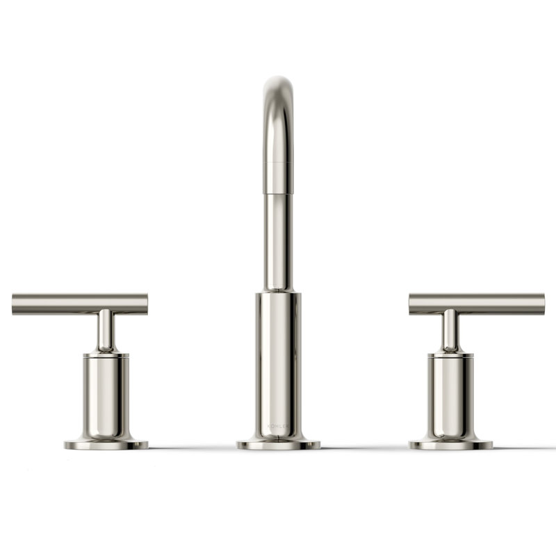 Purist Widespread Faucet with Drain Assembly Low Lever Handles and Low Gooseneck Spout, Vibrant Polished Nickel