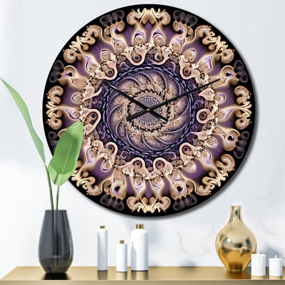Horloge murale mauve à motif fractal mandala III