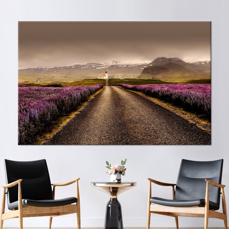 Open Road Art Canvas, Roadside Wall Art, Landscape Artwork, Cloudy Weather Canvas, View Canvas, Pink Flowers Wall Decor, Nature Wall Decor,
