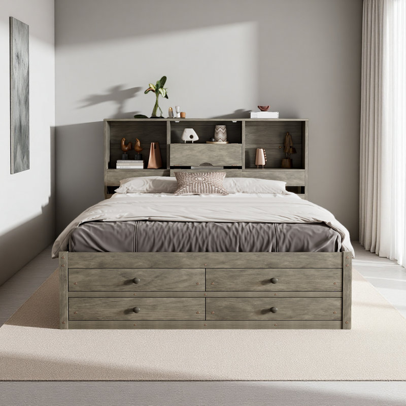 Lit plateforme avec tête de lit avec rangement et 8 tiroirs, Gris