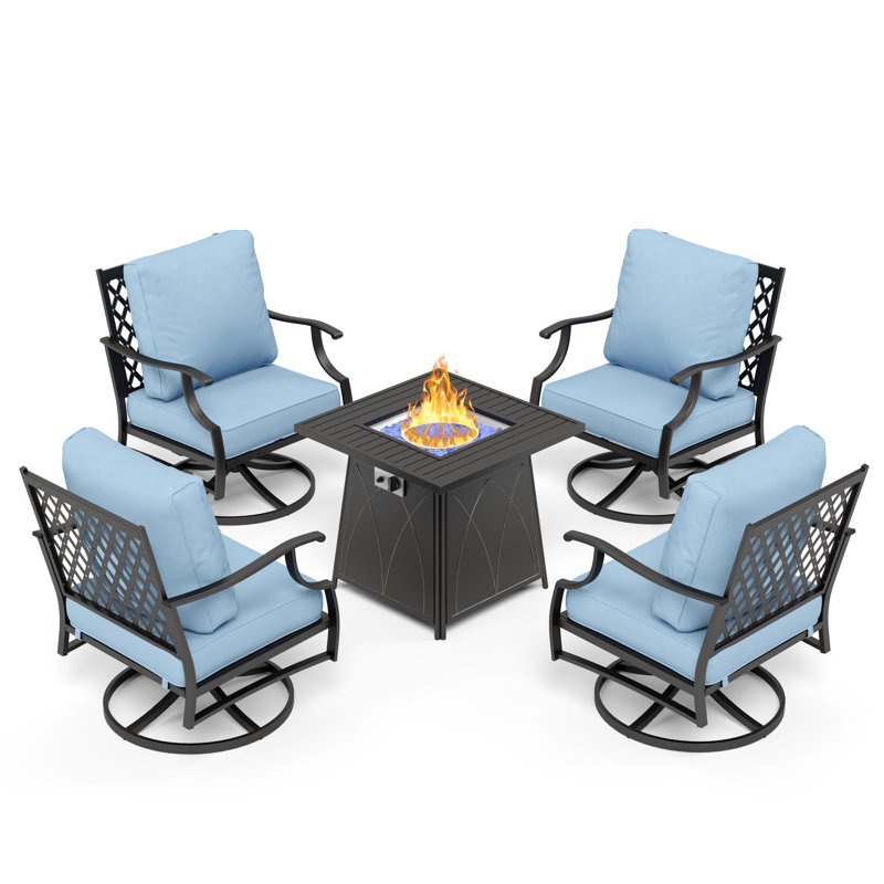 Asfand 4 - Person Outdoor Seating Group with Swivel Lounge Chairs&  Firepit Table, Blue