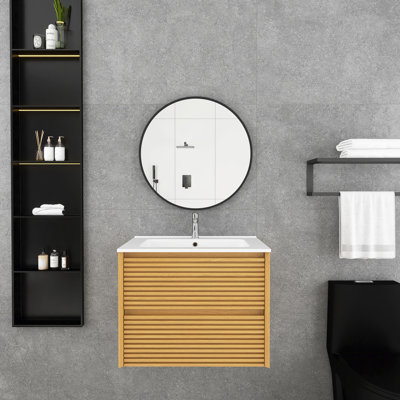 24 po Meuble-lavabo mural en contreplaqué en chêne clair avec tiroirs