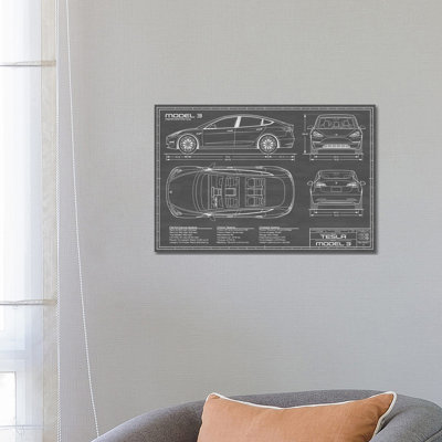 Tesla Model 3 (Performance) Black by Action Blueprints - Wrapped Canvas Graphic Art