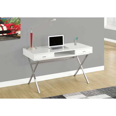 Computer Desk, Home Office, Laptop, Storage Drawers, 48"L, Work, Glossy White Laminate, Chrome Metal, Contemporary, Modern