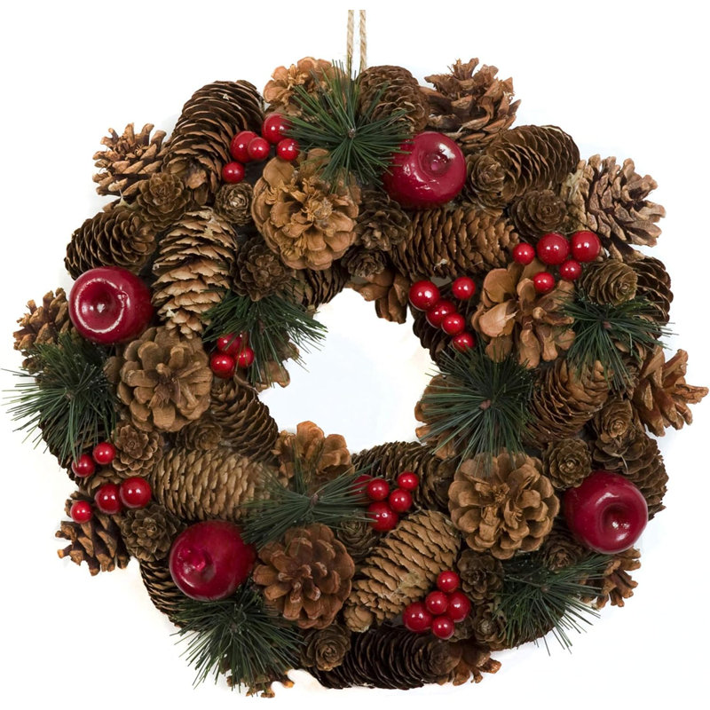 Christmas Hanging Wreath Large - Festive Pine Cone Display with Red Berries, 32cm x 32cm