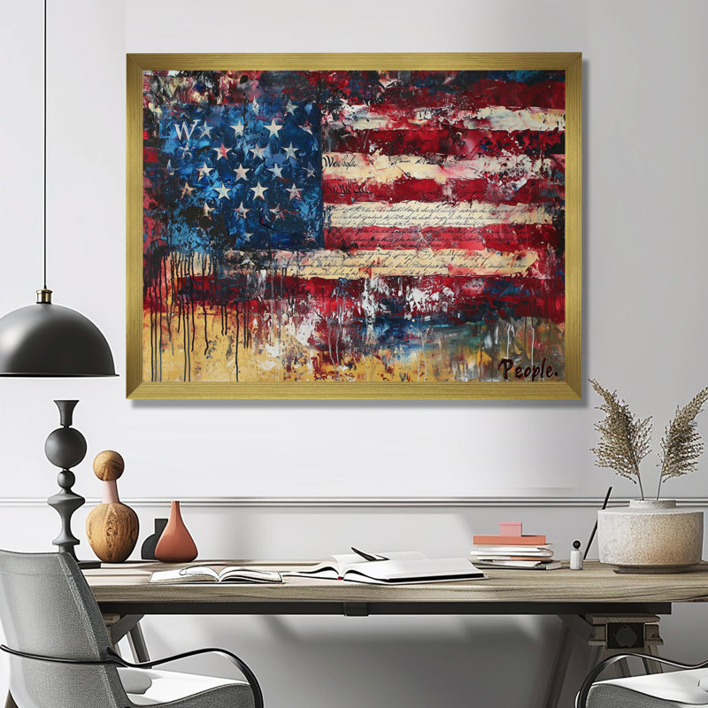 Krystalee, drapeau des États-Unis, patriotisme, aquarelle, H 34 po x l 44 po, Avec cadre, Doré
