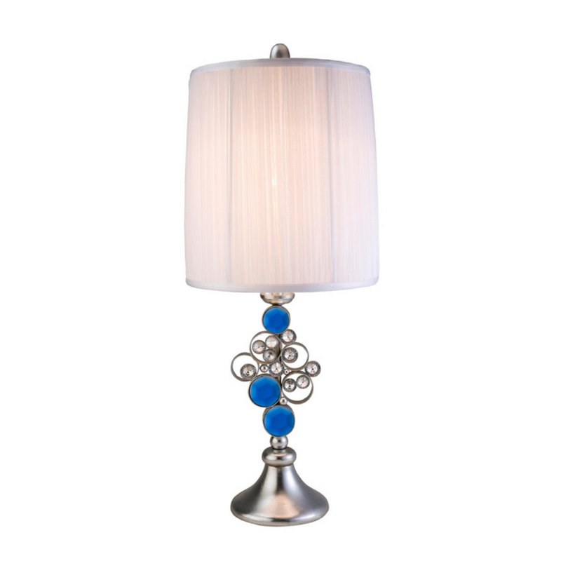 Lampe de table 28 po en polyrésine argentée moderne avec base en verre craquelé et abat-jour en tissu blanc - «Just Dazzle» - Éclairage à 3 voies pour le salon et la chambre à coucher