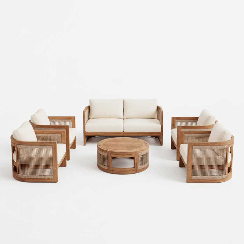 Ensemble de conversation d'extérieur en bois d'acacia pour 6 personnes avec corde tissée et coussins hydrofuges Aldo, Beige