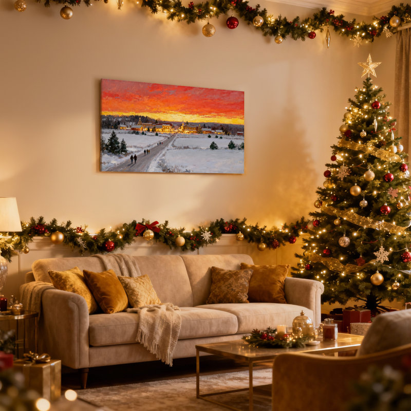«Christmas Winter Sunset Village Scene», ensemble de 3 reproductions d'art sur toile, H 20 po x l 30 po