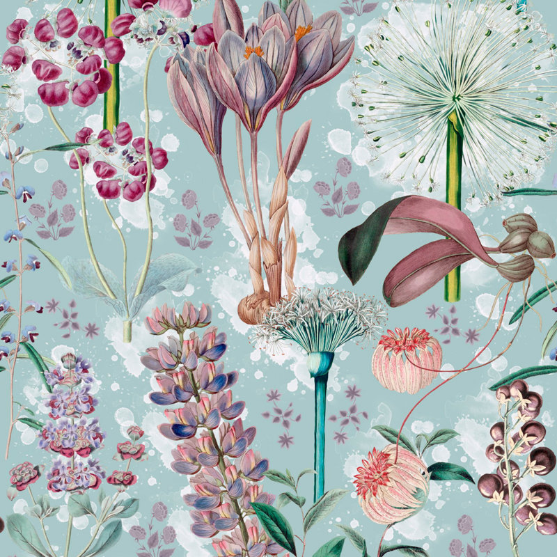 Florilegium Floral Wallpaper Roll, Blue/Mauve