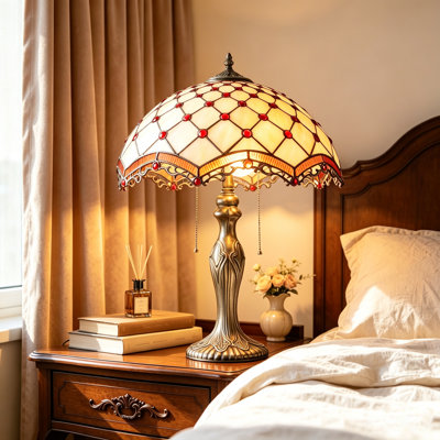 Tiffany Style Stained Glass Table Lamp with 2‑Light Dual Independent Pull Chain, Hand‑Soldered Shade and Antique Bronze Resin Base, Victorian Vintage Accent Lamp