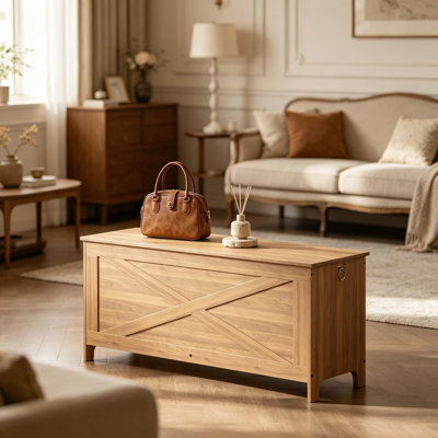 Coffre à jouets avec charnières de sécurité, coffre de rangement pour hall d'entrée de 43,3 pouces, meubles d'appoint en bois rétro pour le salon, la chambre à coucher et le couloir, brun