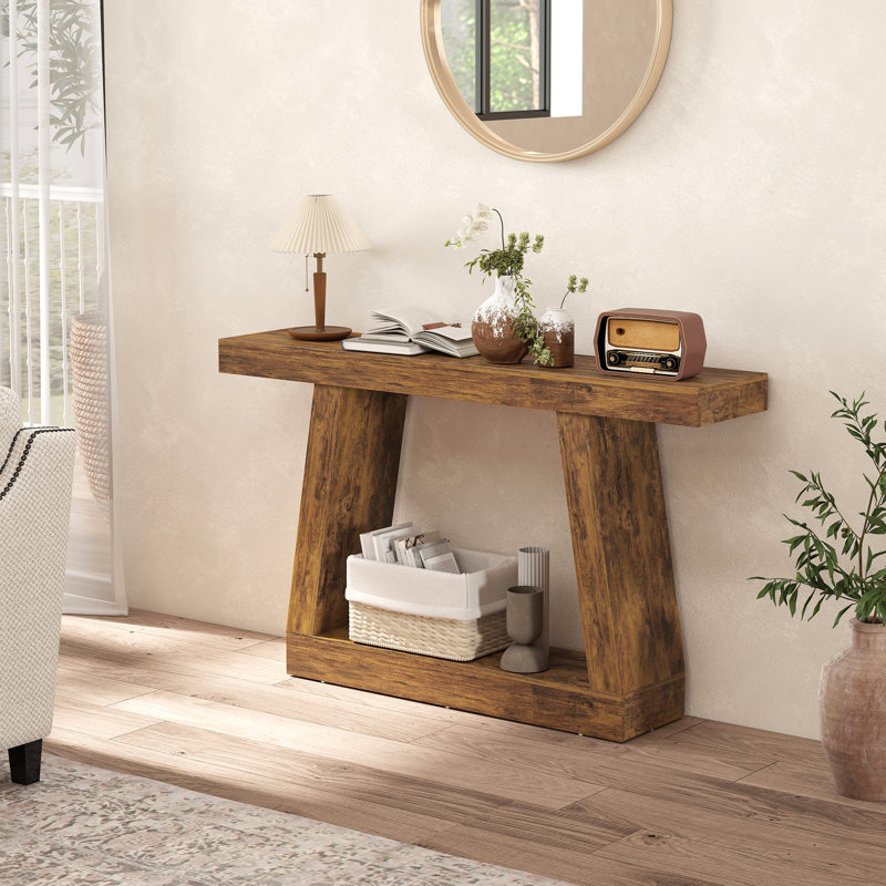 Console 55 po, table d'entrée à 2 niveaux avec rangement et plateau de table épaissi pour couloir, salon, entrée, canapé derrière, brun foncé
