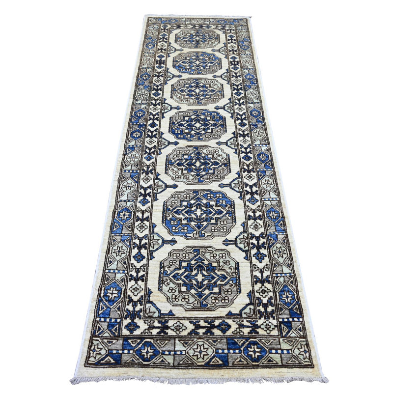 Tapis perle 2 pi 7 po x 8 pi 3 po blanc Ersari avec pieds d'éléphant, noué à la main, colorants naturels, tissage dense, laine pure, tapis oriental