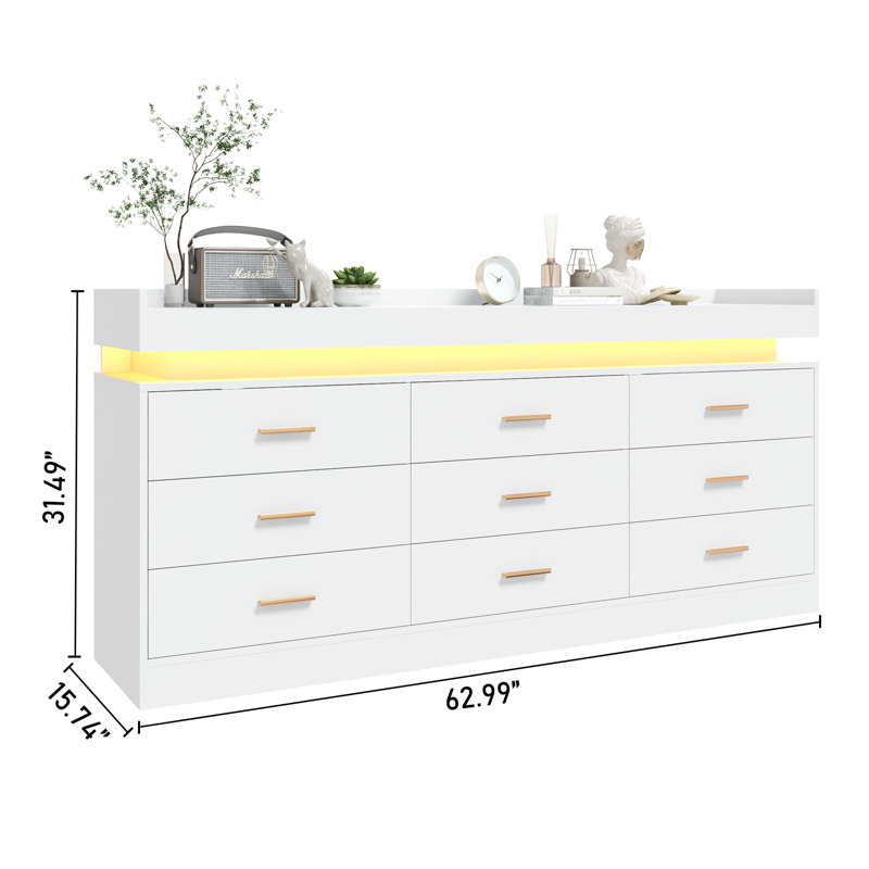 Tyson 9 - Drawer Dresser with LED Strip and Quick-charging Power Station, White