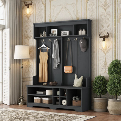 Hallway Hall Tree With Metal Hooks, Shoe Cubbies & Storage Bench, Multi-Functional Entryway Coat Rack