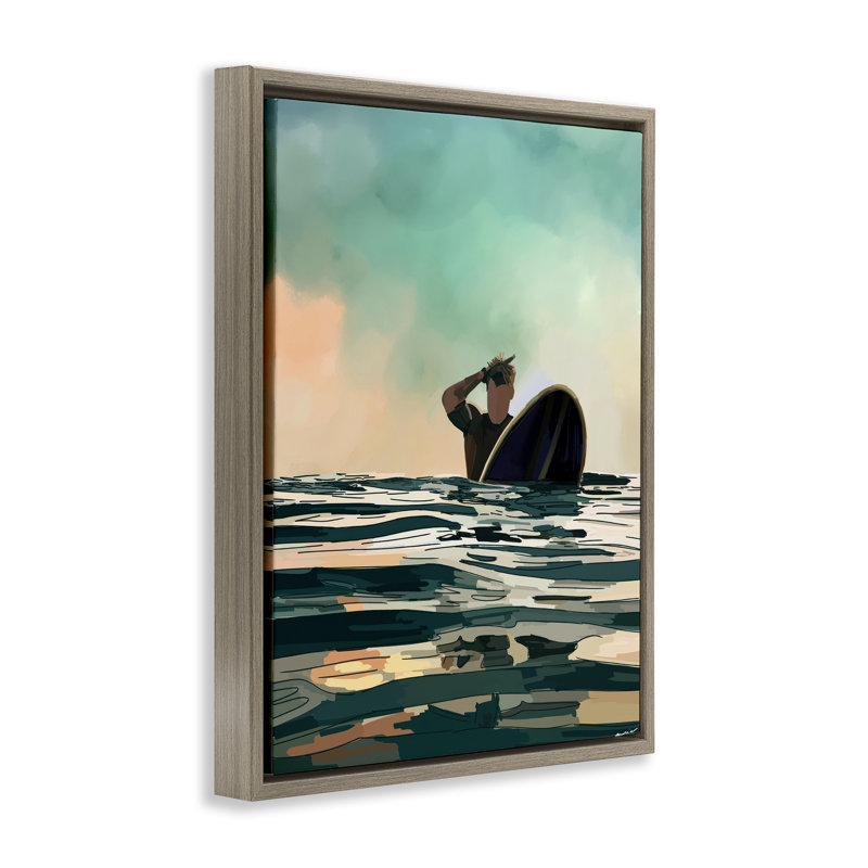 «Surfer with Ocean Reflection» par Amelia Noyes, H 31 po x l 25 po, Cadre flottant métallique doré