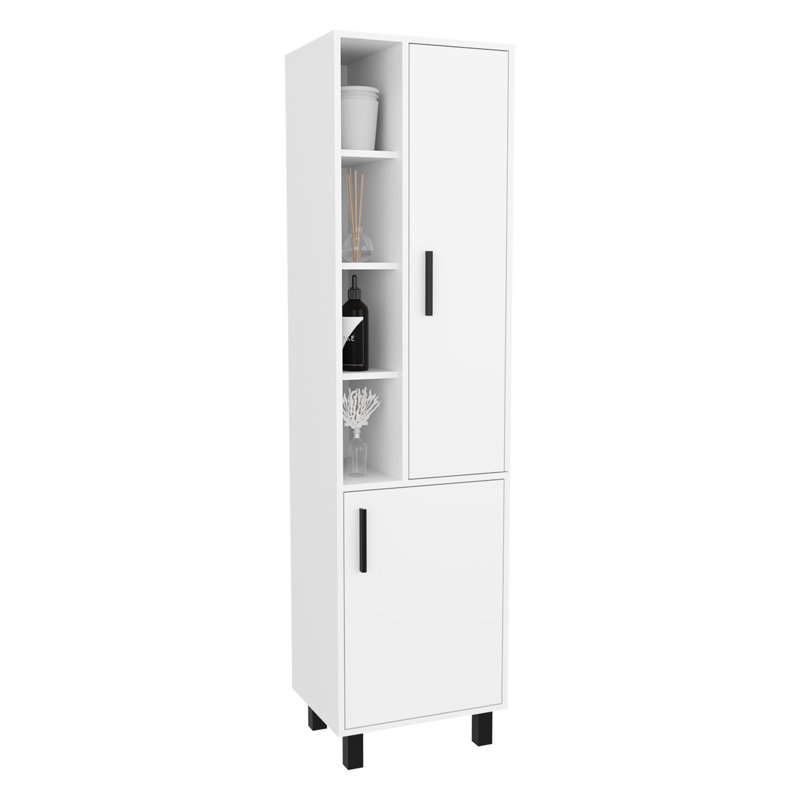 Armoire de salle de bain autoportante blanche avec rangement ouvert et 2 portes, hauteur 67,53 po, largeur 14,05 po, profondeur 18,41 po, pieds en métal, esthétique impeccable, rangement à 5 tablettes et plus, finition, autoportante,