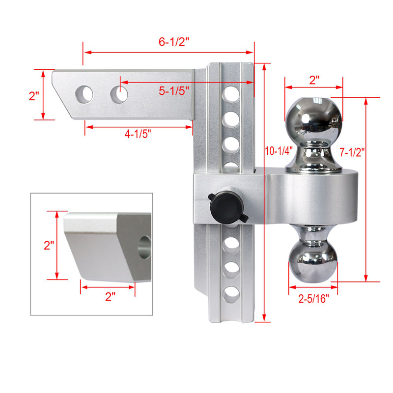 Attelage de remorque réglable Alu, récepteur de 2 pouces, réglable de 8 pouces