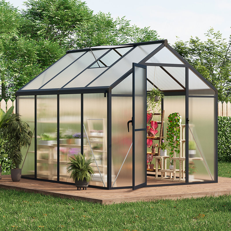 Garvee 6x8ft Greenhouse, Large Walk-in Greenhouse for Outdoors with Roof Vent & Lockable Outward-Opening Swing Door, Heavy Duty Aluminum Frame Polycarbonate Green House for Garden,Backyard,Lawn,Grey