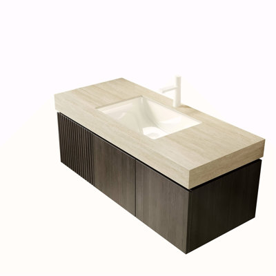 Comptoir en pierre frittée à motif de travertin 48 po MURI Roma et lavabo encastré en céramique avec un trou de robinet pré-percé standard, PAS d'armoire, pas de robinet ni de couvercle d'évier
