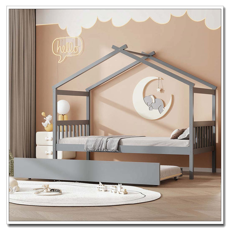 Lit en bois avec lit gigogne simple, gris