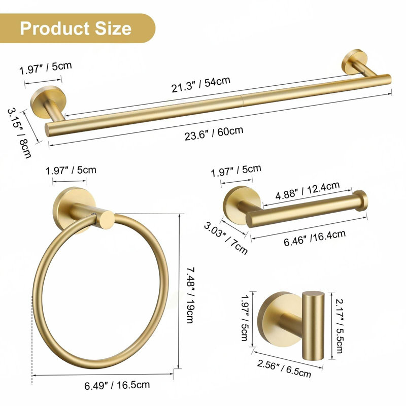 Brushed Gold Bathroom Hardware Set 6-Piece Bathroom Accessory Set 23.6 Inch Round Stainless Steel Towel Bar Set Wall Mounted