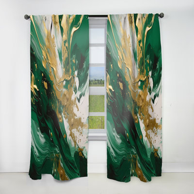 Green And Gold Serene Cascade II - Abstract Velvet Curtain - 1 Panel