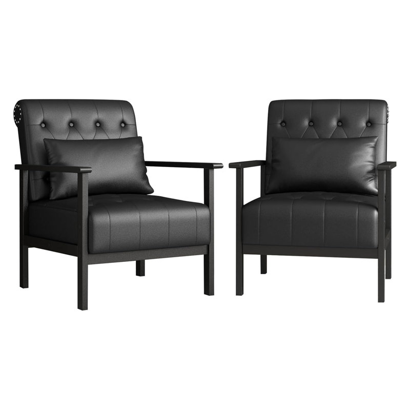 Ensemble de 2 fauteuils d'appoint en cuir de style Mid-Century avec coussin, fauteuil capitonné à boutons avec structure en bois massif, fauteuil confortable pour le salon, le bureau et la salle d'attente