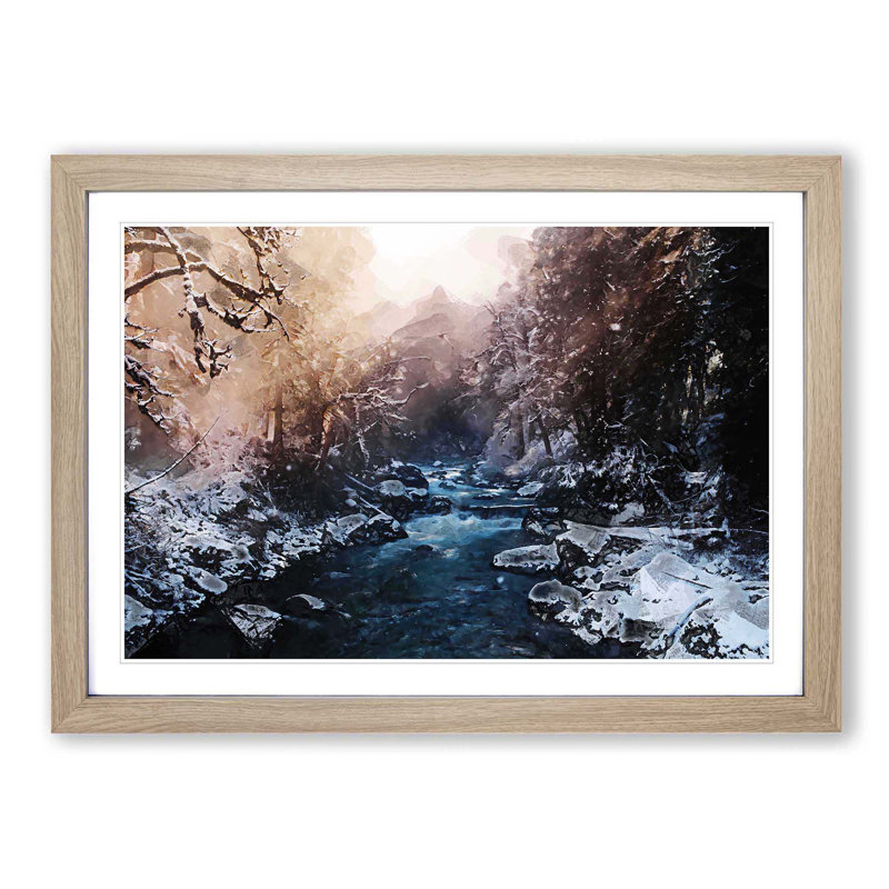 Winter Forest & Stream in Canada in Abstract - Picture Frame Graphic Art Print, 60cm H x 91cm W x 2cm D, Oak
