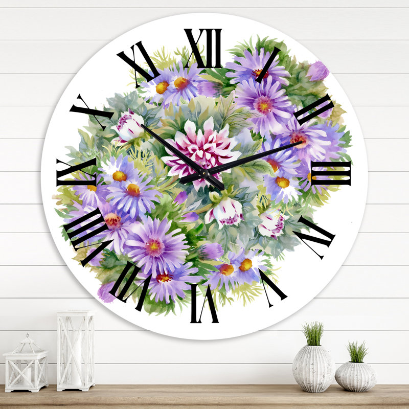 Bouquet With Purple Chrysanthemums And Daisies - Traditional Wall Clock, 36" H x 36" W x 1" D