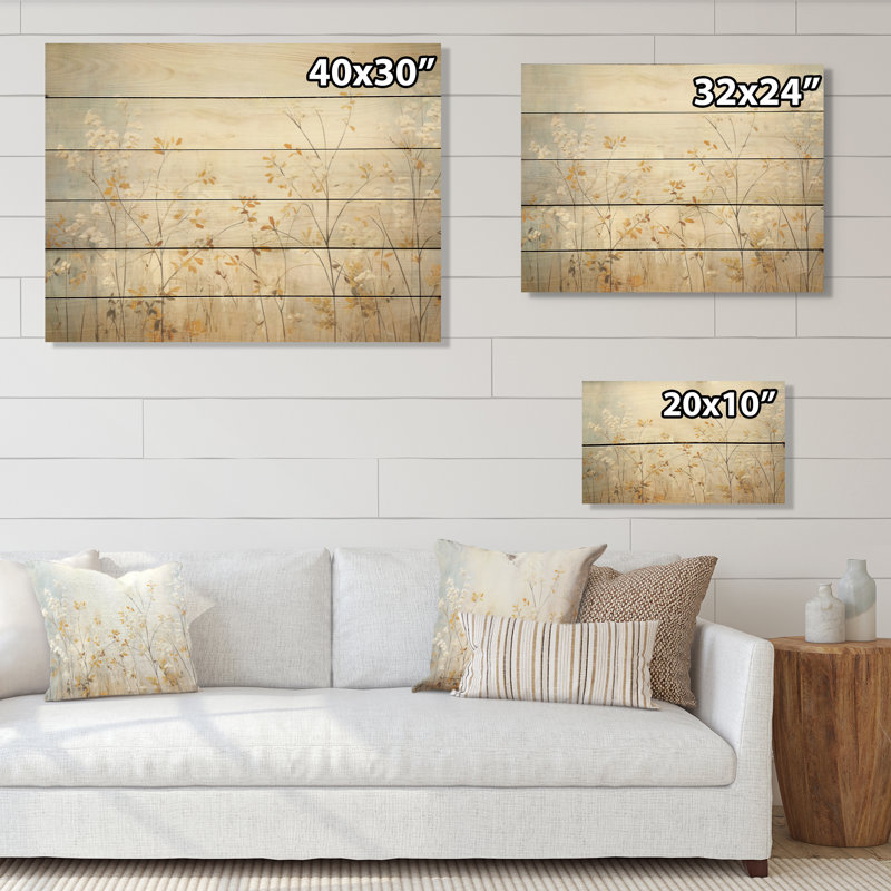 «Beige Herbs Minimal Harmony», art mural en bois sur bois de pin naturel, H 10 po x l 20 po