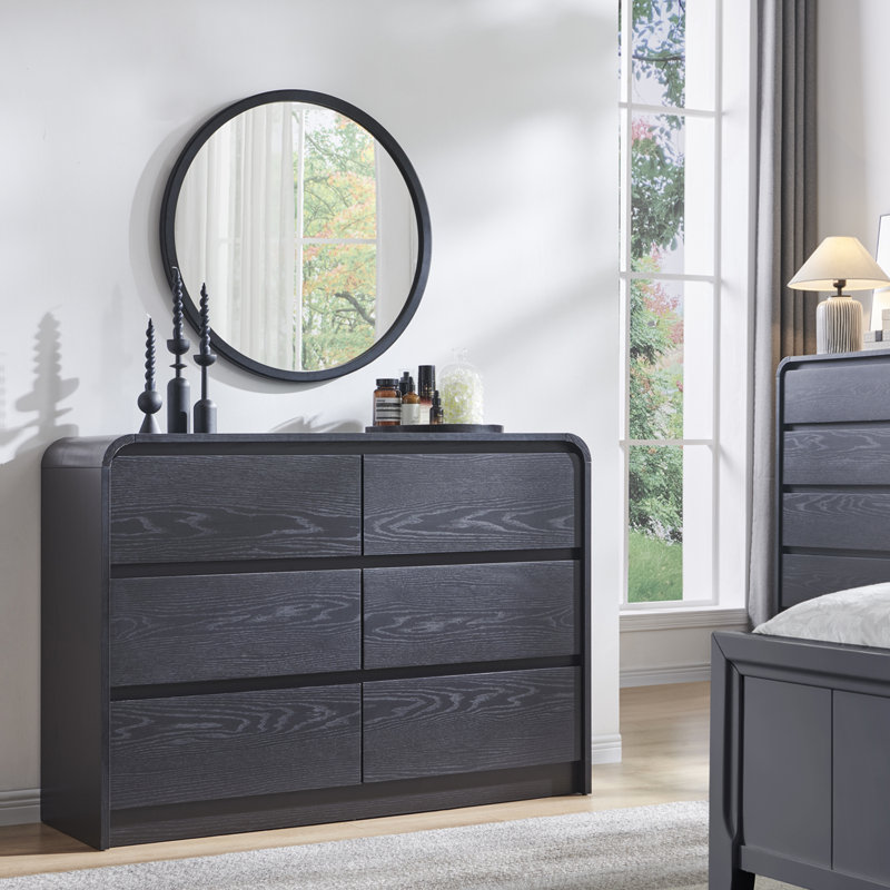Commode moderne à 6 tiroirs pour la chambre à coucher Maud, commodes en bois de 47 po de largeur et commodes à profil courbé, commode moderne de style Mid-Century avec texture naturelle pour la chambre à coucher et le salon