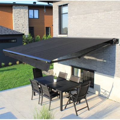 Brasilia Europa Semi-Cassette Retractable Patio Awning, Integrated Covered Awning, Black Structure, Manual With Soffit Installation
